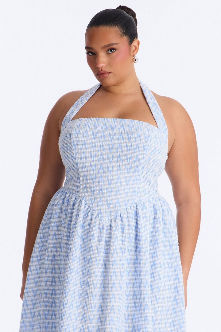 Fia Halter Tweed Midi Dress - Blue