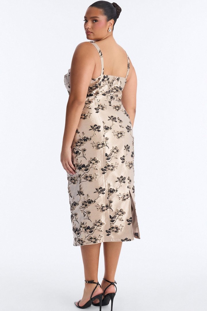 Aster Metallic Floral Jacquard Midi Dress - Taupe/combo