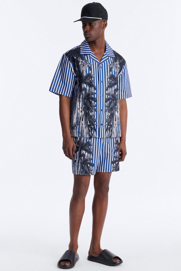 Relaxed Palm Haven Striped Seersucker Cuban Collar Button Up Shirt - Blue
