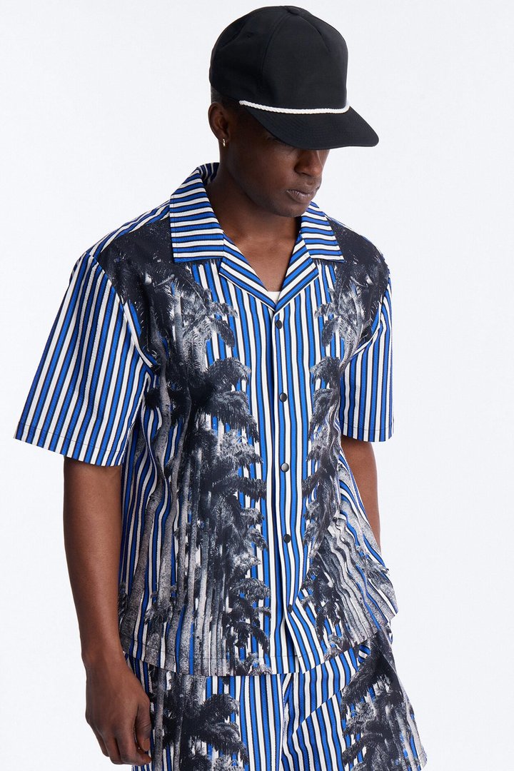Relaxed Palm Haven Striped Seersucker Cuban Collar Button Up Shirt - Blue