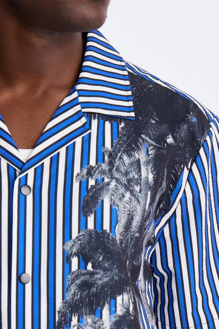 Relaxed Palm Haven Striped Seersucker Cuban Collar Button Up Shirt - Blue