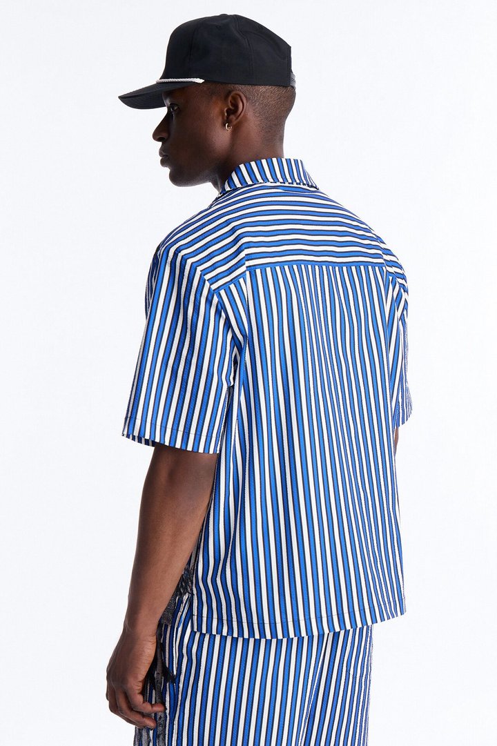 Relaxed Palm Haven Striped Seersucker Cuban Collar Button Up Shirt - Blue