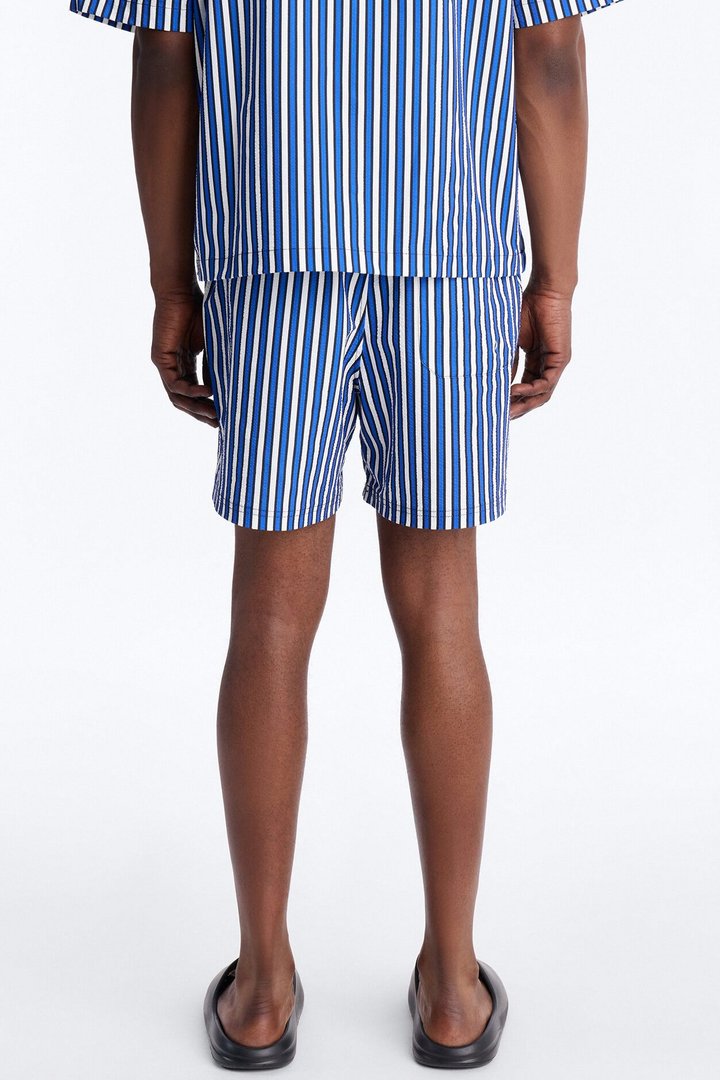 Palm Haven Striped Seersucker Swim Trunk 6″ - Blue