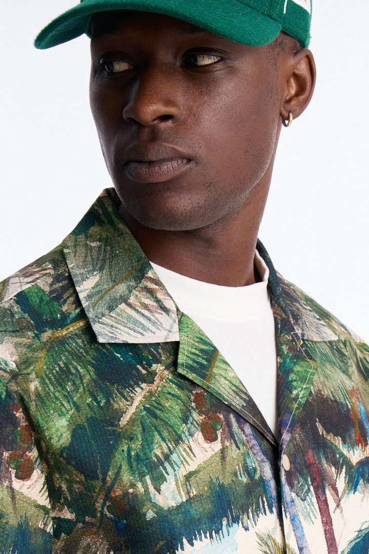 Tropical Get Away Printed Seersucker Cuban Collar Button Up Shirt - Multi Color