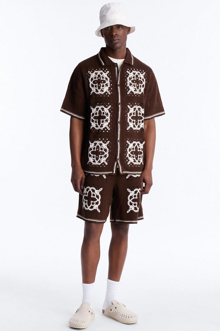 Lido Isle Crochet Button Up Shirt - Brown