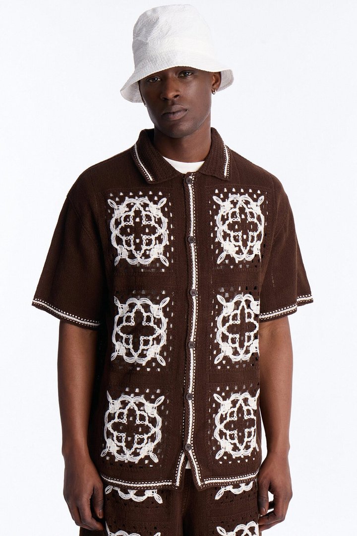 Lido Isle Crochet Button Up Shirt - Brown
