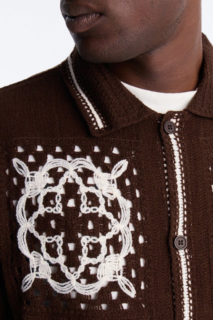Lido Isle Crochet Button Up Shirt - Brown