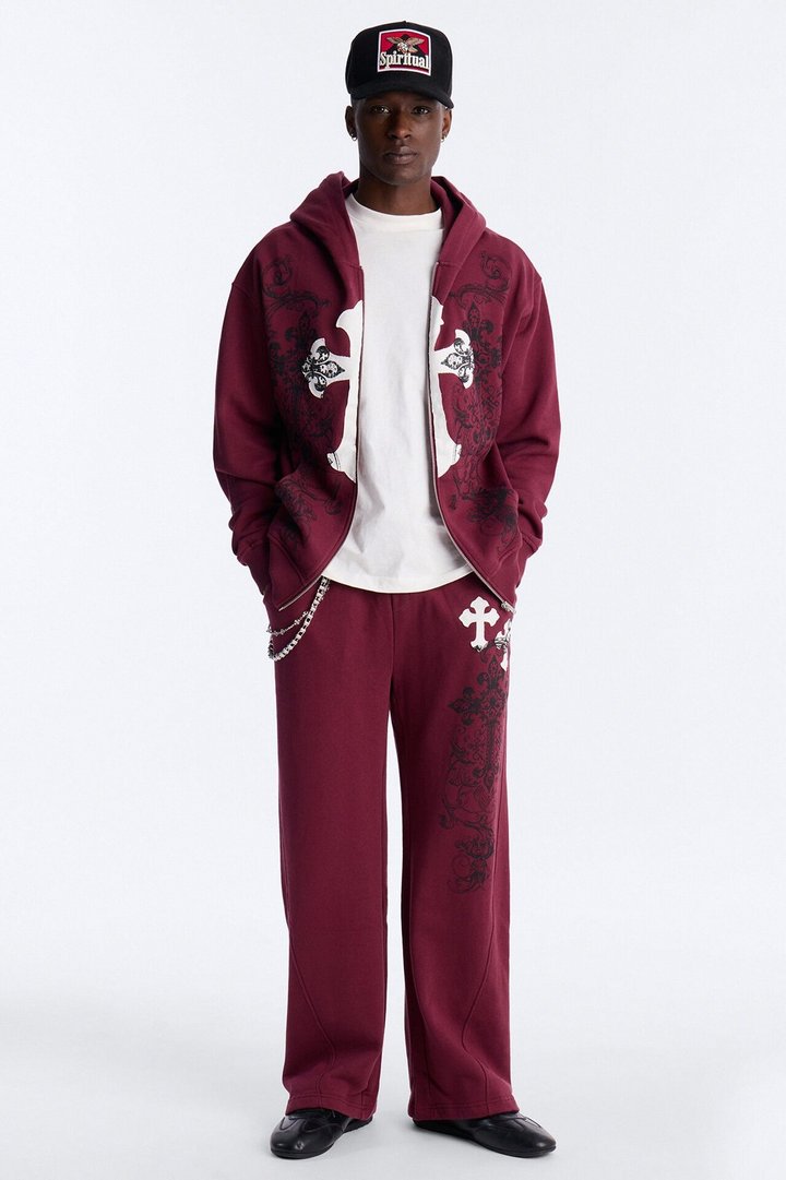 Cross Patch Zip Hoodie - Burgundy