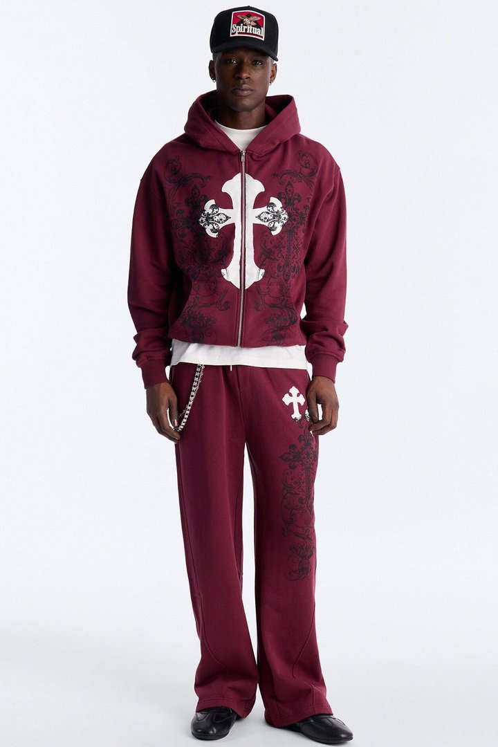 Cross Patch Zip Hoodie - Burgundy