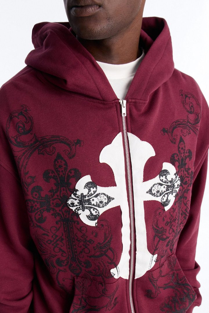 Cross Patch Zip Hoodie - Burgundy