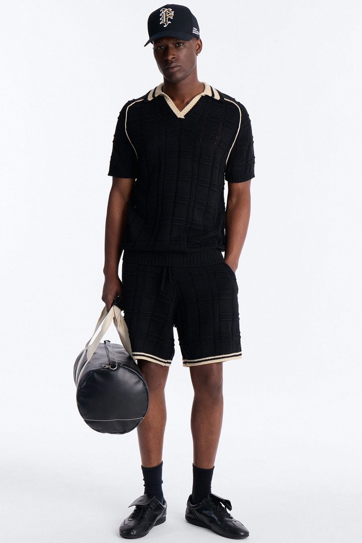 Relaxed Riviera Johnny Collar Knit Polo - Black