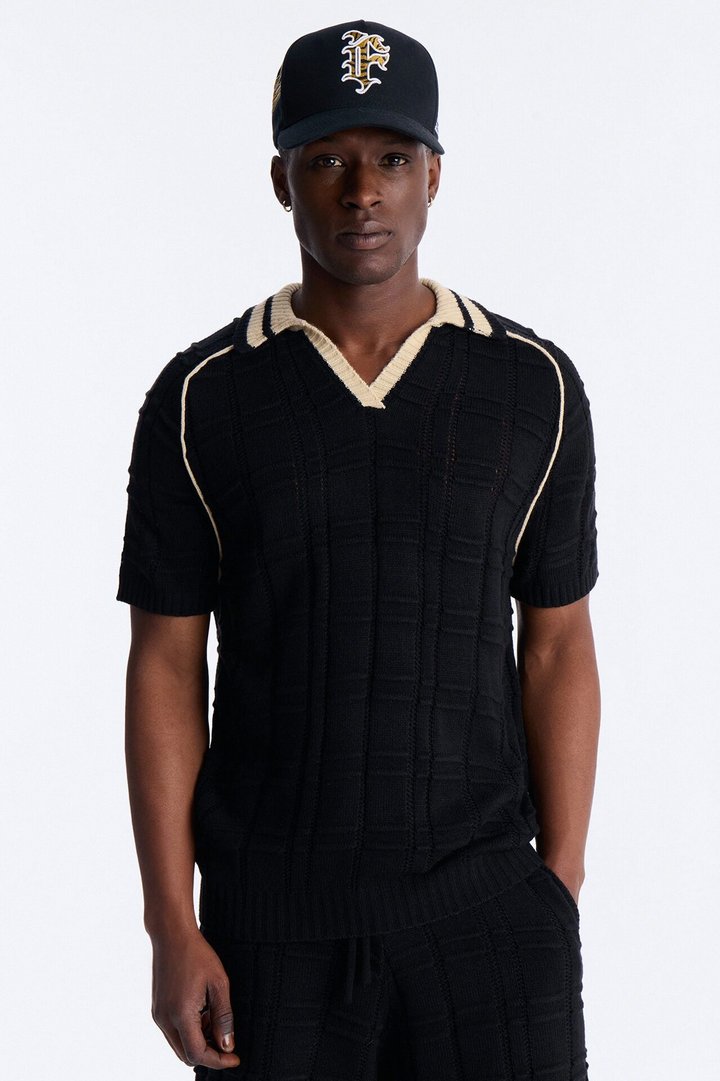 Relaxed Riviera Johnny Collar Knit Polo - Black