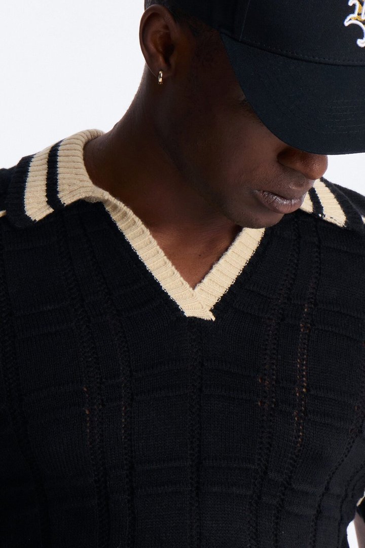 Relaxed Riviera Johnny Collar Knit Polo - Black
