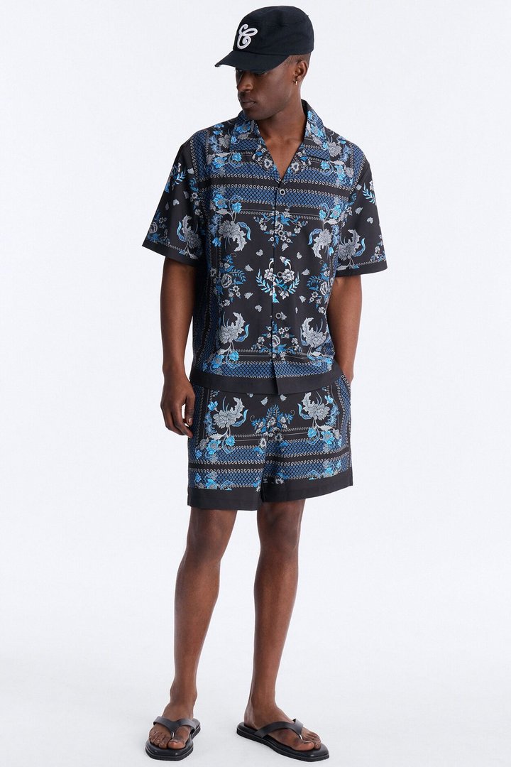 Relaxed Mirage Bloom Cuban Collar Button Shirt - Black
