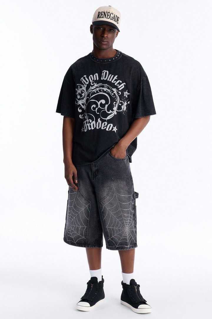 Baggy Jeweled Web Carpenter Denim Short - Black Wash