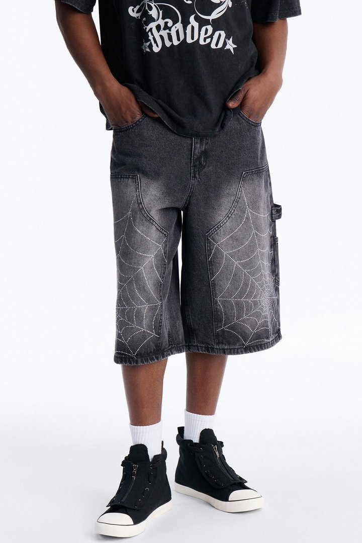 Baggy Jeweled Web Carpenter Denim Short - Black Wash