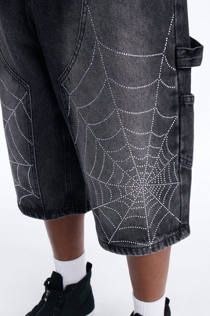 Baggy Jeweled Web Carpenter Denim Short - Black Wash