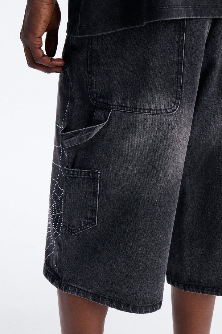Baggy Jeweled Web Carpenter Denim Short - Black Wash