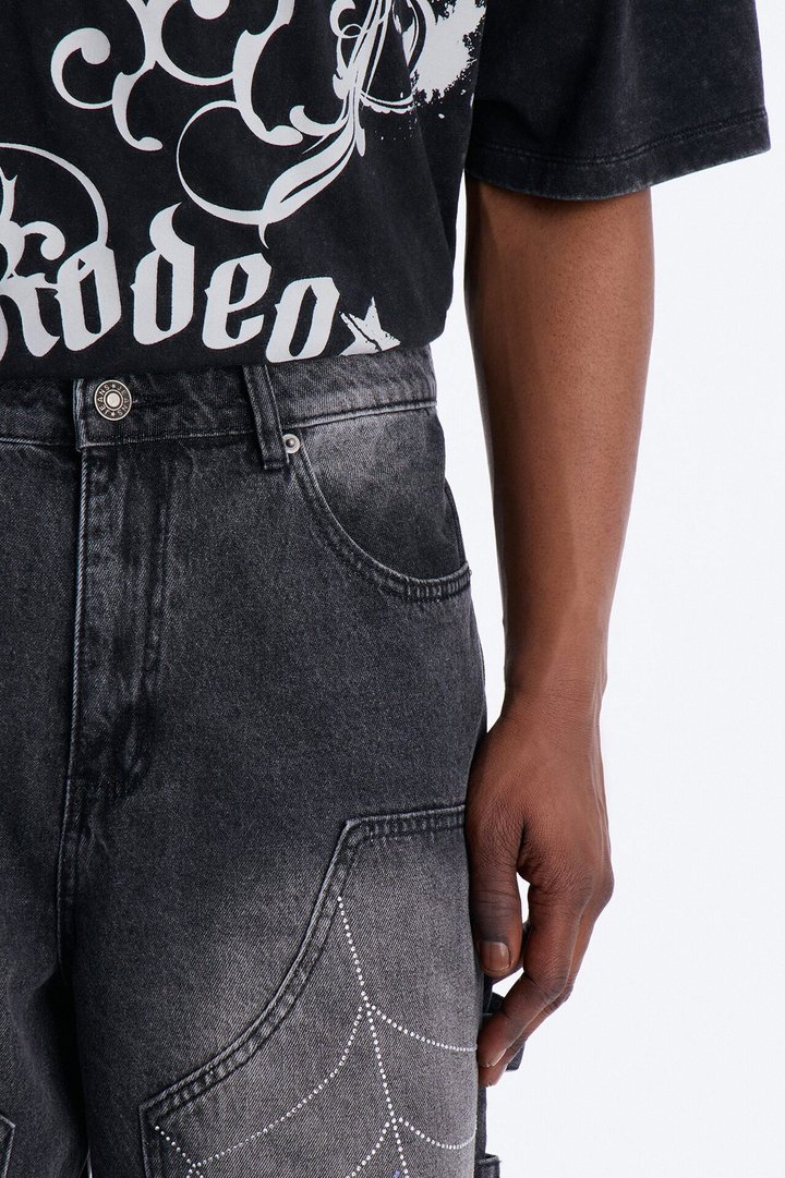 Baggy Jeweled Web Carpenter Denim Short - Black Wash