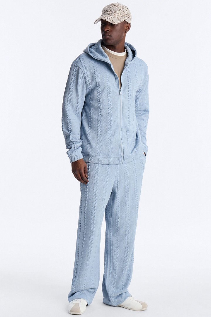Textured Cozy Braided Hooded Jacket - Blue