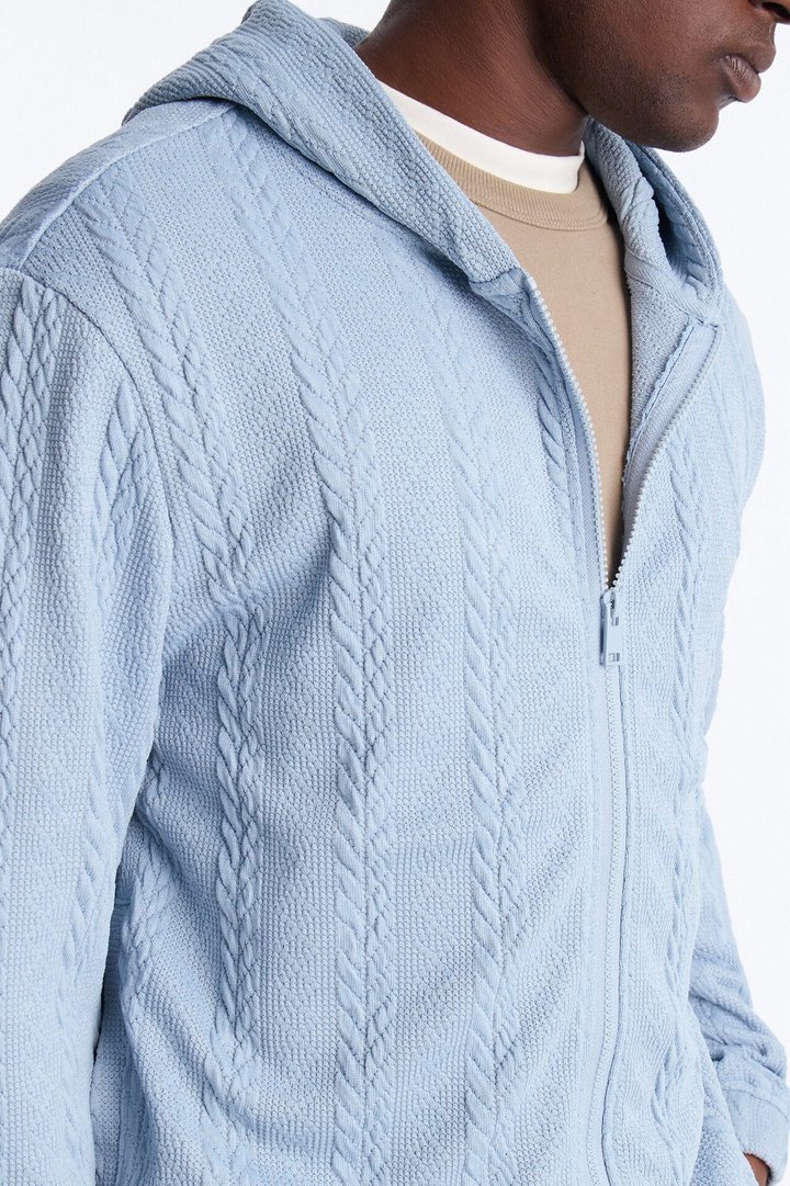 Textured Cozy Braided Hooded Jacket - Blue