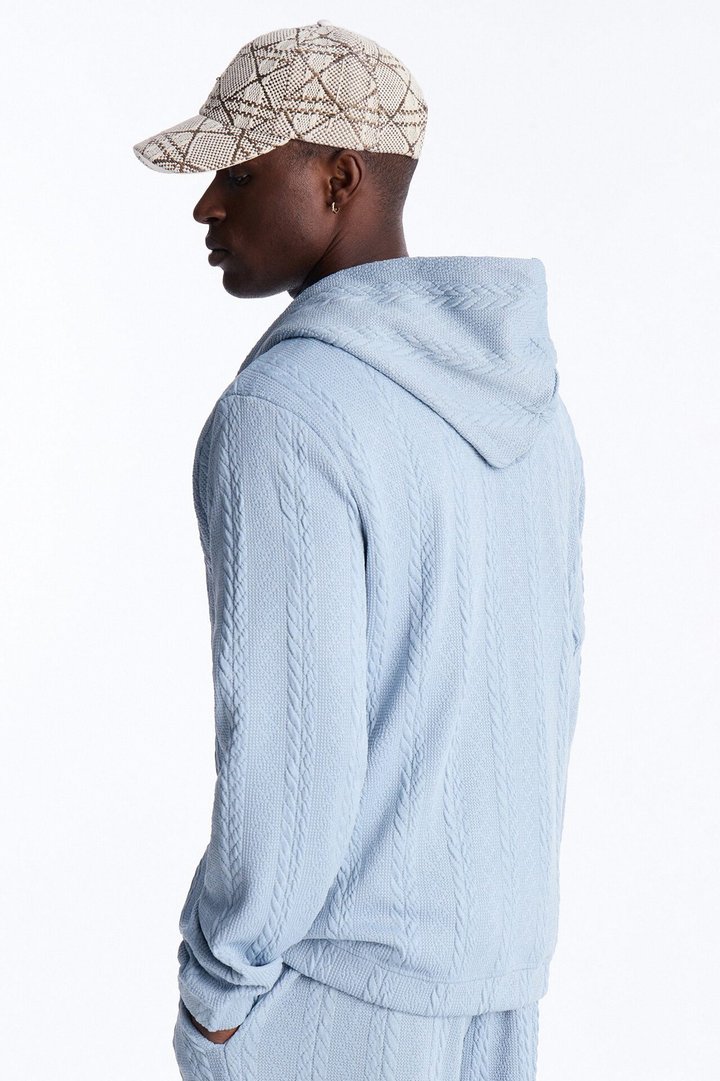 Textured Cozy Braided Hooded Jacket - Blue