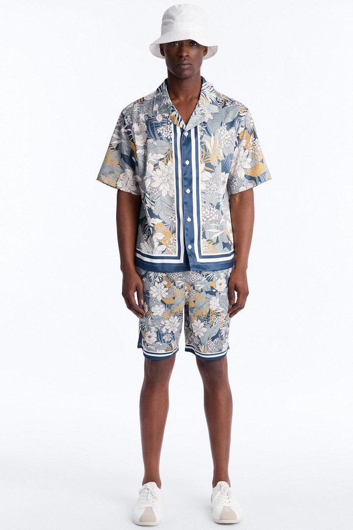 Relaxed Palm Vista Cuban Button Up Shirt - Blue