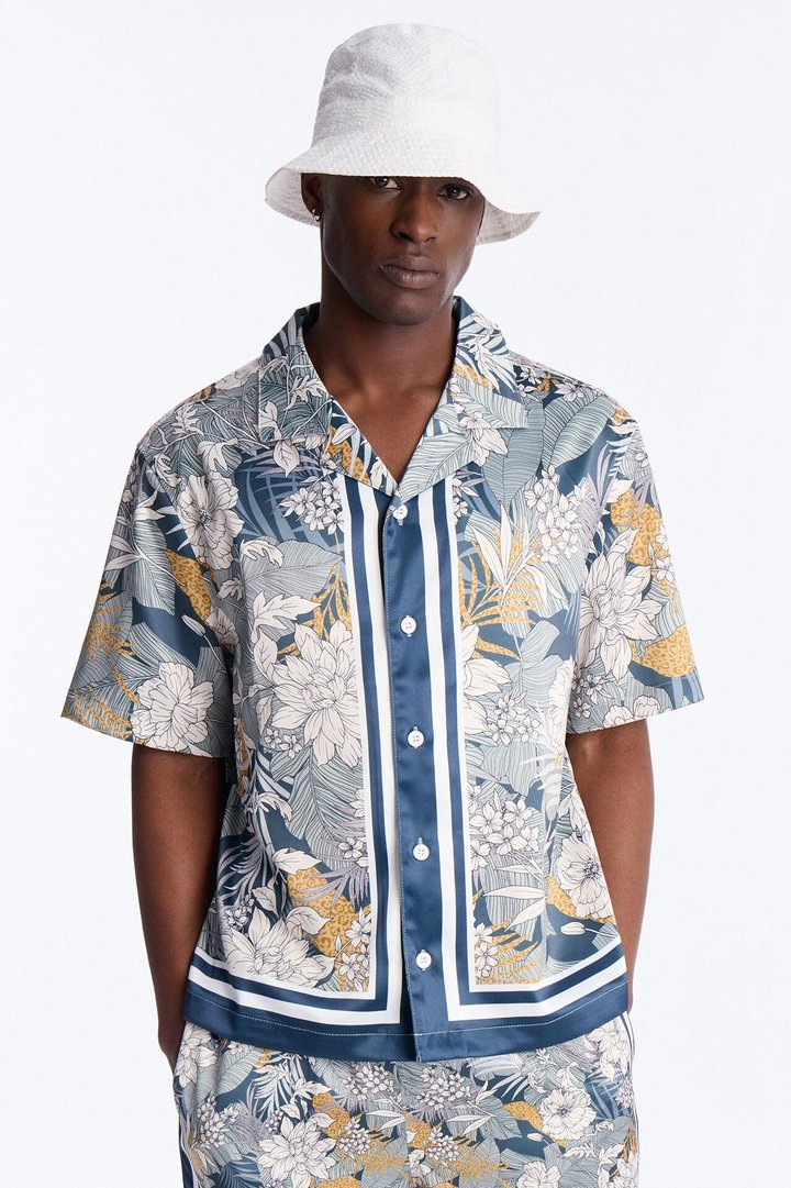 Relaxed Palm Vista Cuban Button Up Shirt - Blue