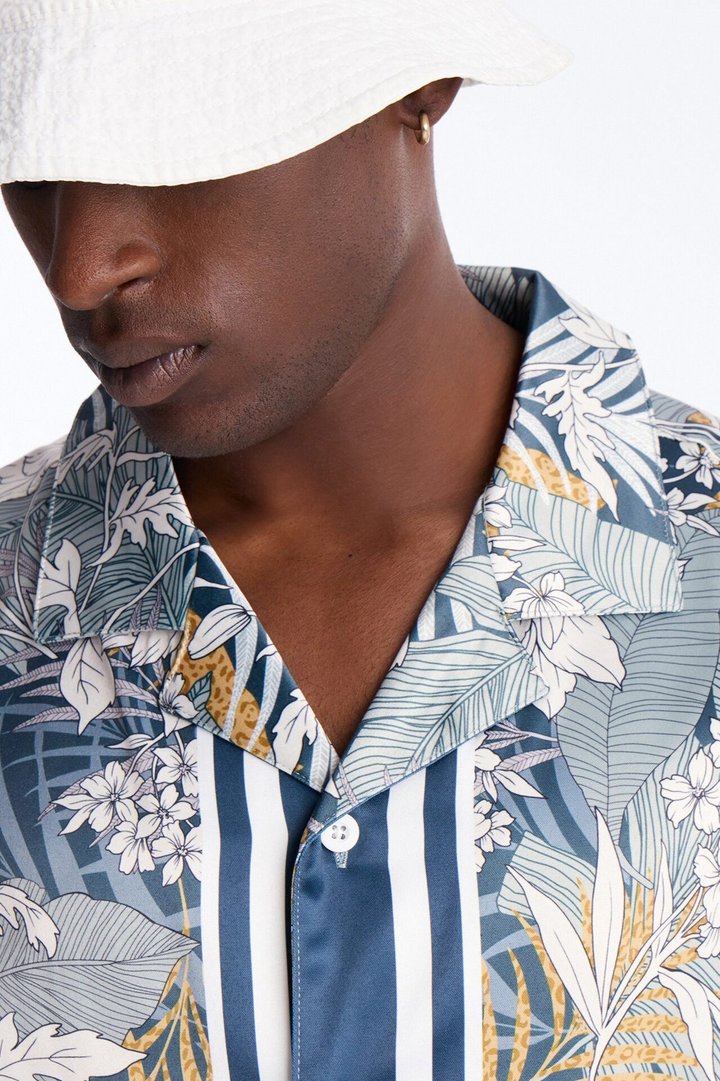 Relaxed Palm Vista Cuban Button Up Shirt - Blue