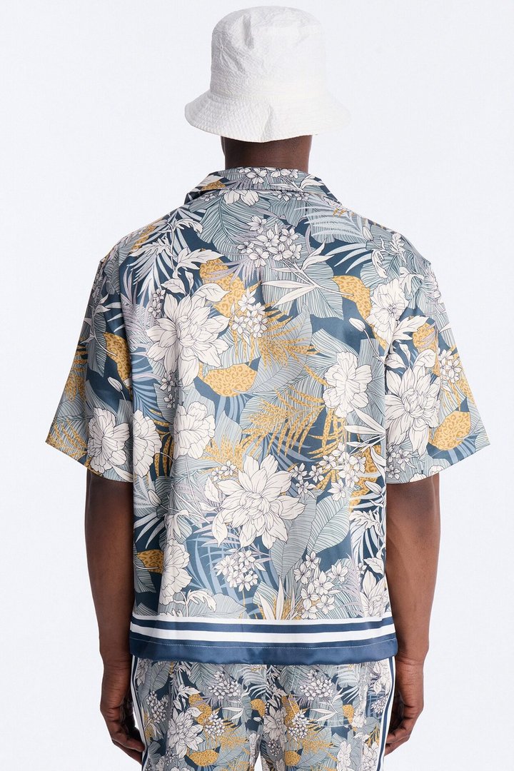 Relaxed Palm Vista Cuban Button Up Shirt - Blue