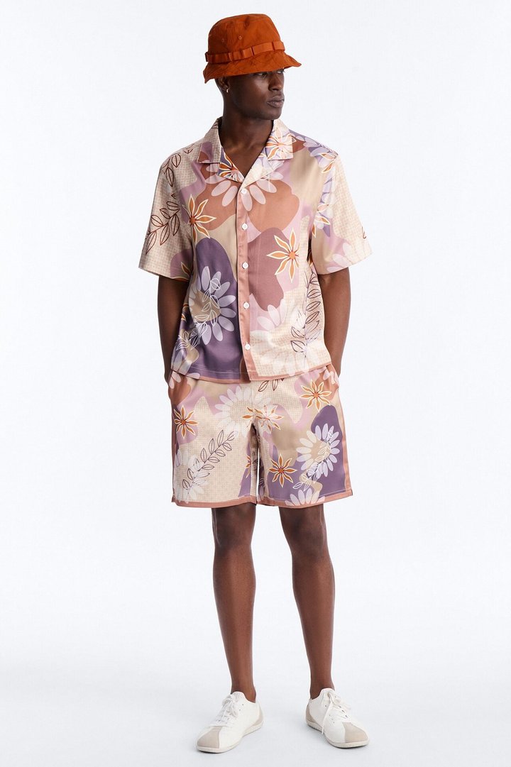 Relaxed Palm Bloom Cuban Button Up Shirt - Pink