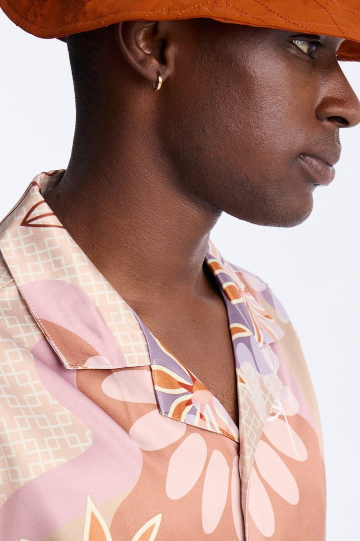 Relaxed Palm Bloom Cuban Button Up Shirt - Pink