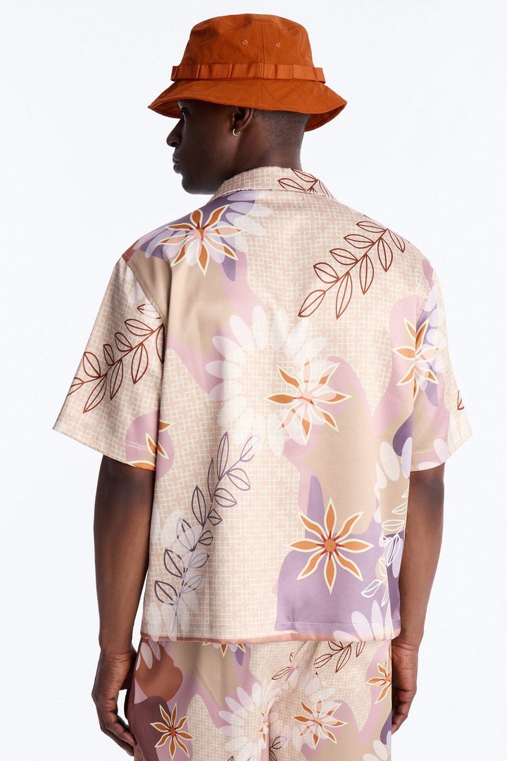 Relaxed Palm Bloom Cuban Button Up Shirt - Pink