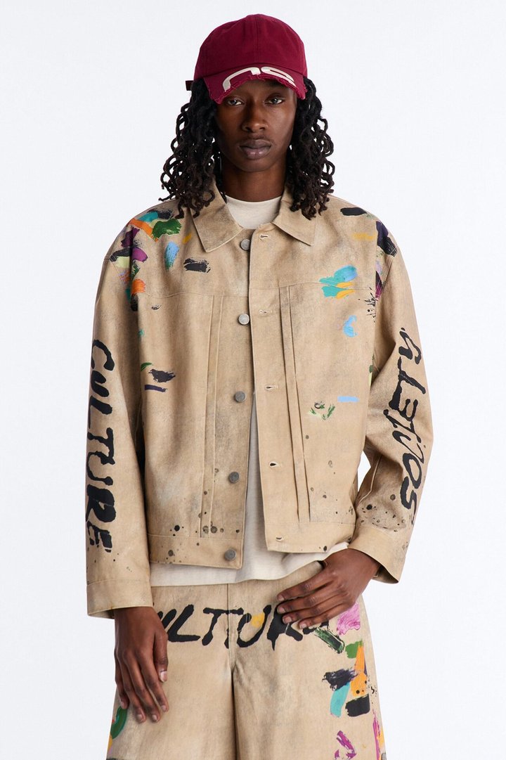 Cropped Culture Society Paint Splatter Boxy Work Jacket - Khaki