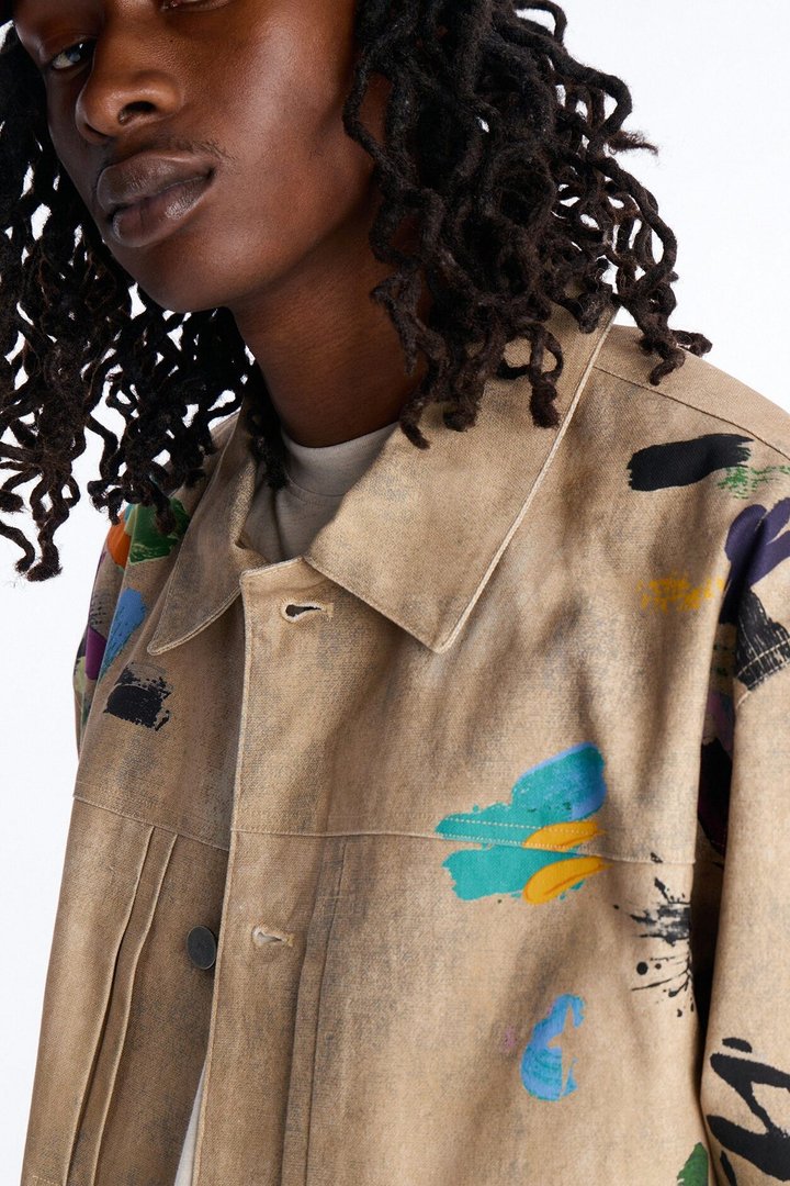 Cropped Culture Society Paint Splatter Boxy Work Jacket - Khaki