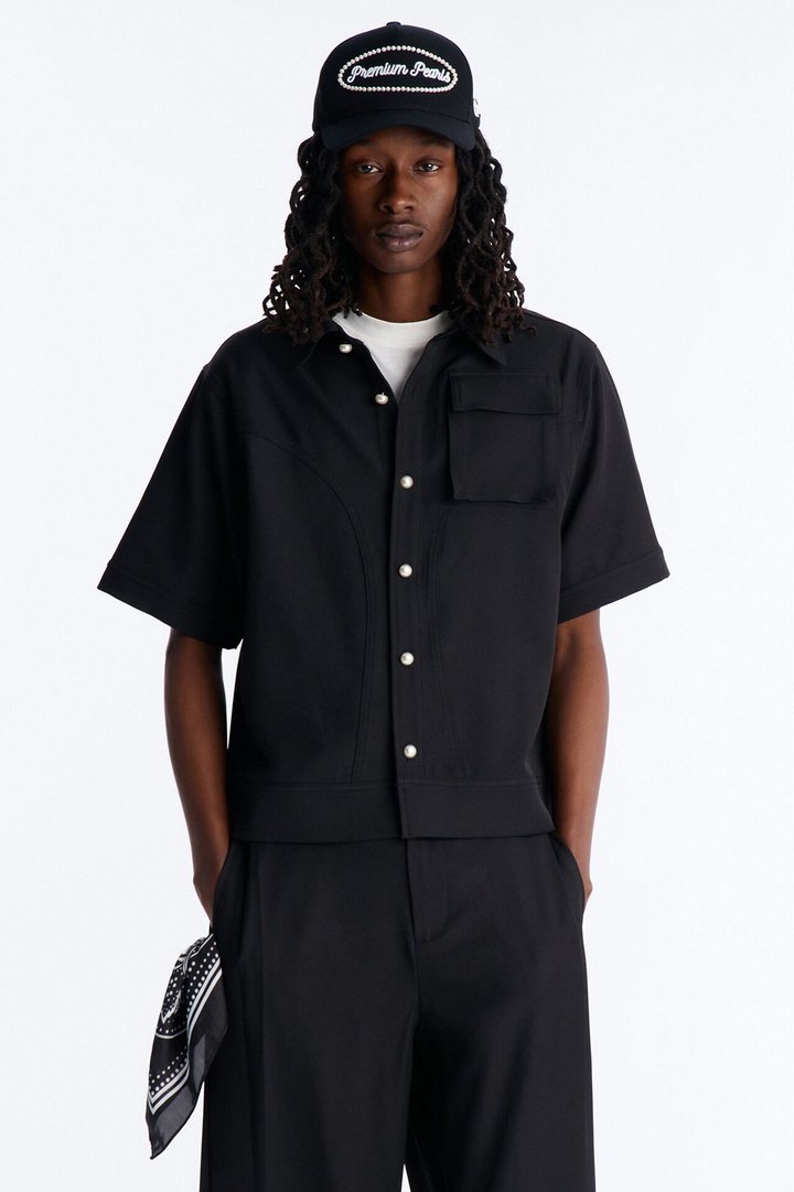 Pearl Paneled Utility Button Up Shirt - Black