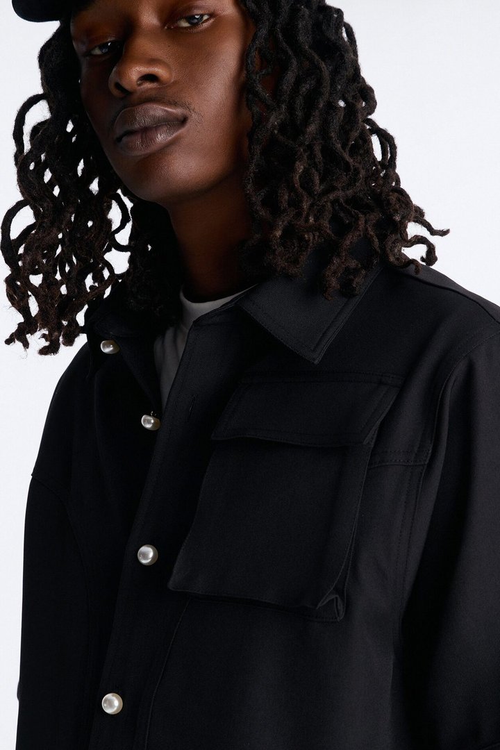 Pearl Paneled Utility Button Up Shirt - Black