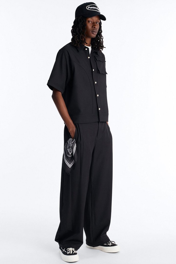 Baggy Side Pleated Panel Trouser - Black
