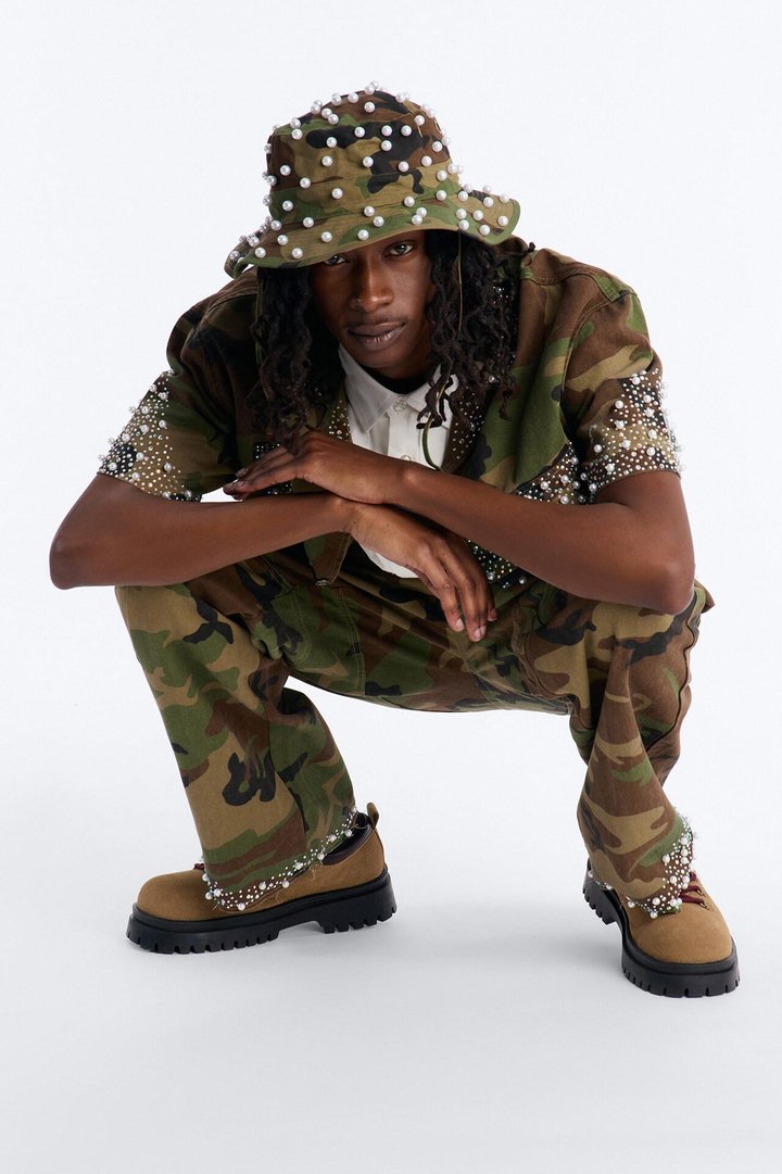Cropped Pearl World Embellished Shirt - Camouflage