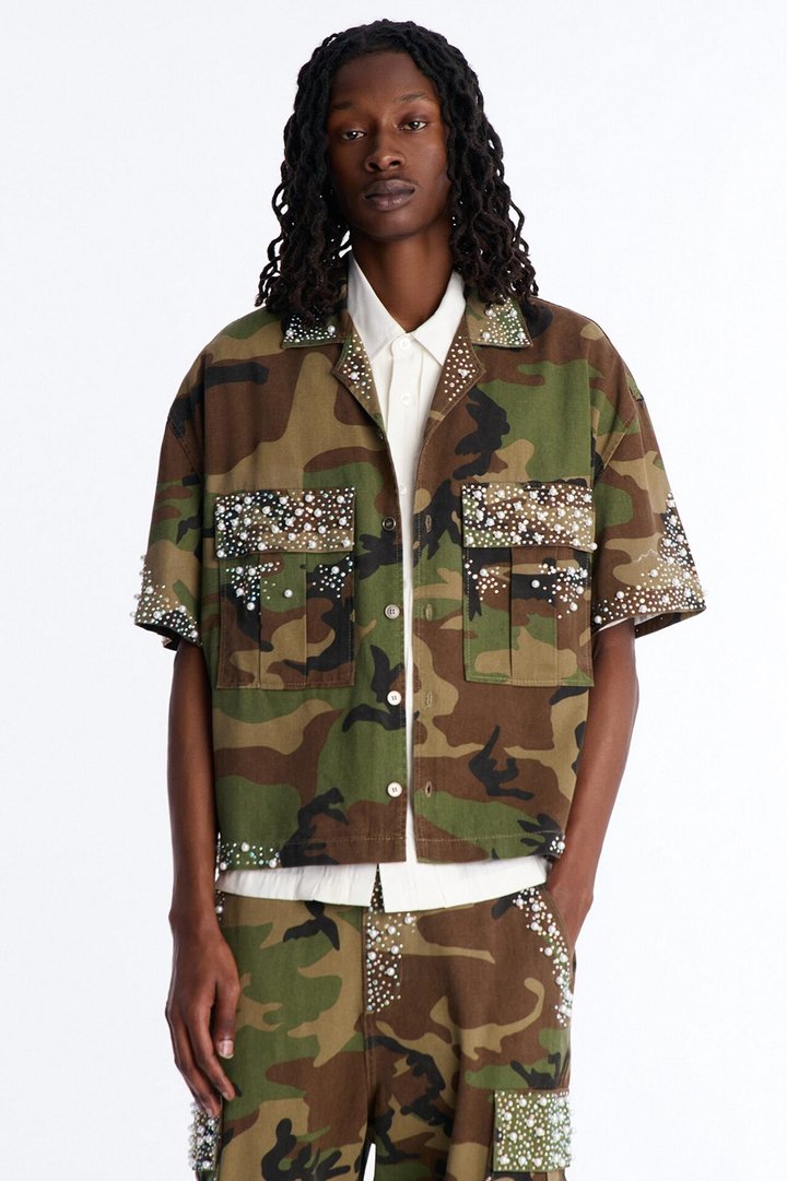 Cropped Pearl World Embellished Shirt - Camouflage
