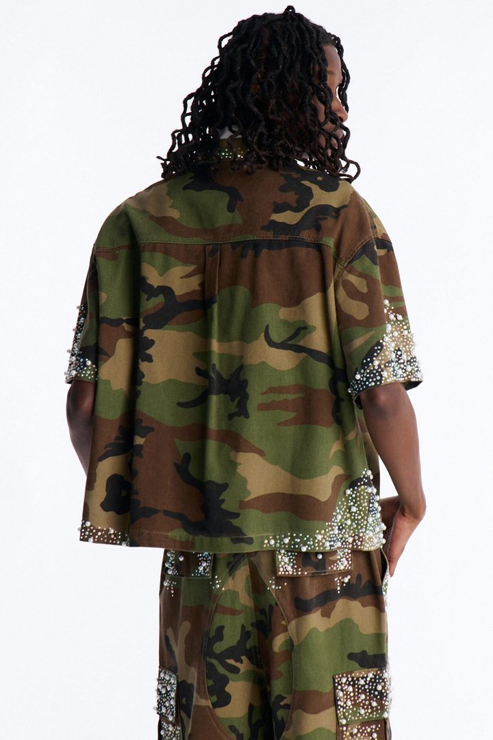 Cropped Pearl World Embellished Shirt - Camouflage