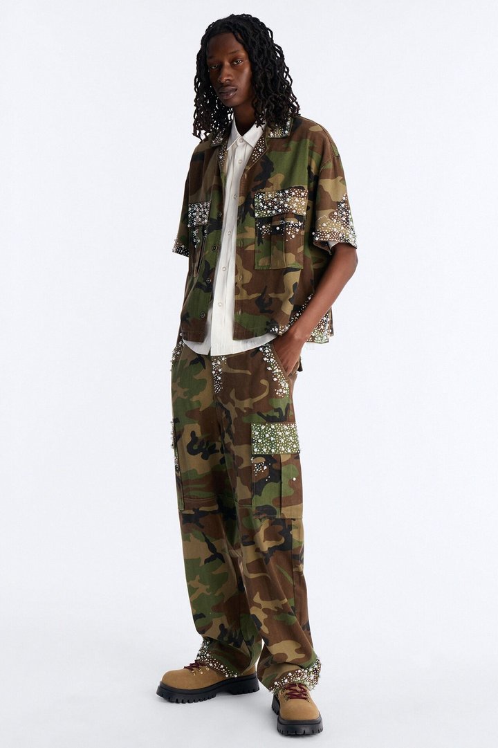 Baggy Pearl World Embellished Pant - Camouflage
