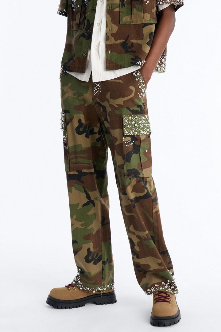 Baggy Pearl World Embellished Pant - Camouflage