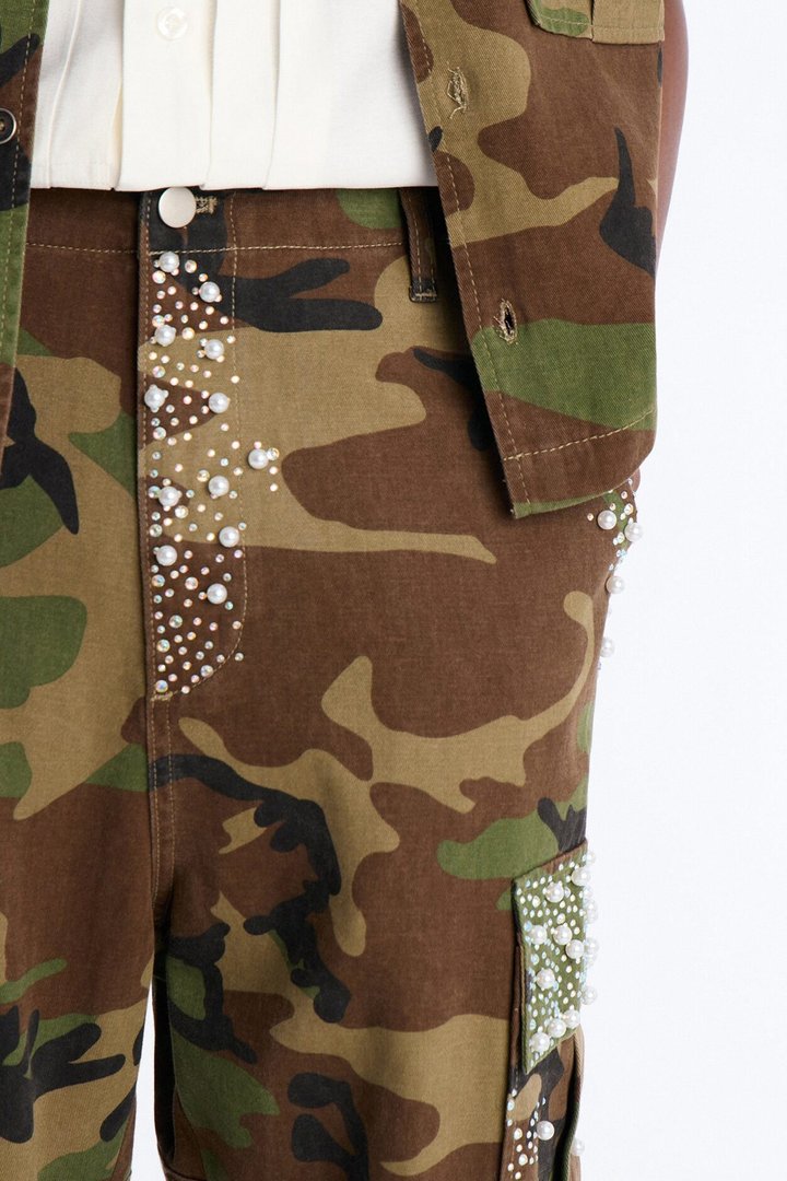 Baggy Pearl World Embellished Pant - Camouflage