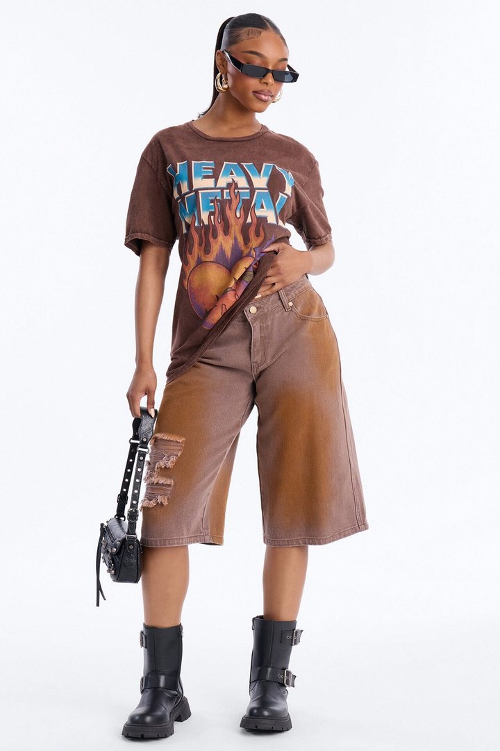 Heavy Metal Flaming Heart Washed Tee - Brown