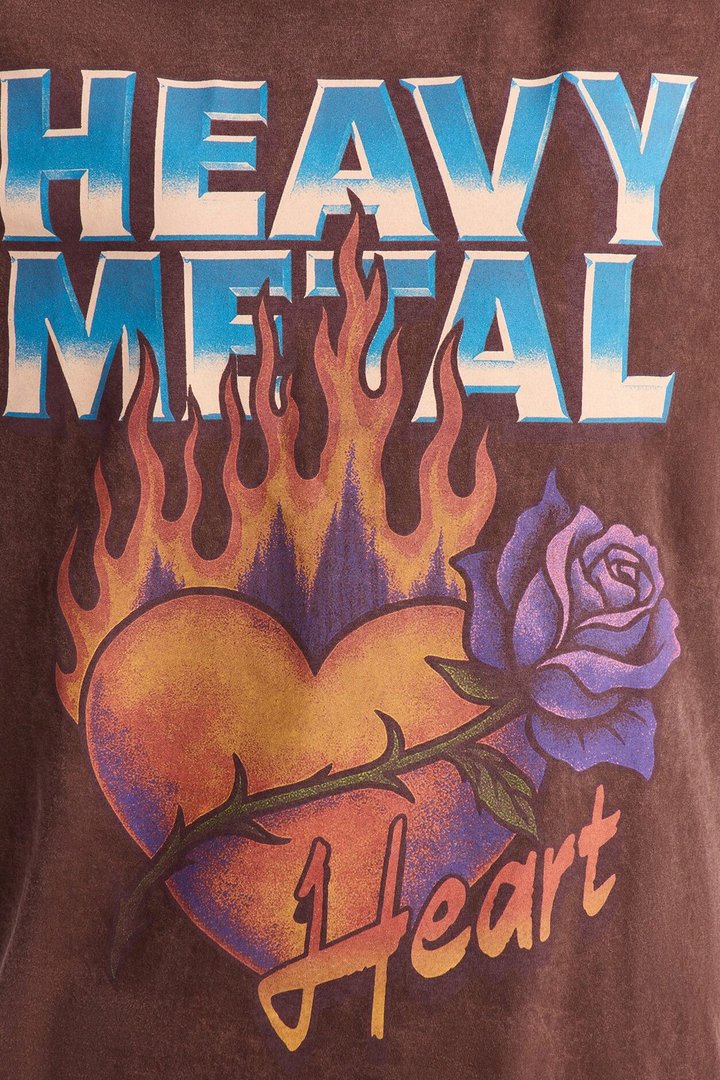 Heavy Metal Flaming Heart Washed Tee - Brown