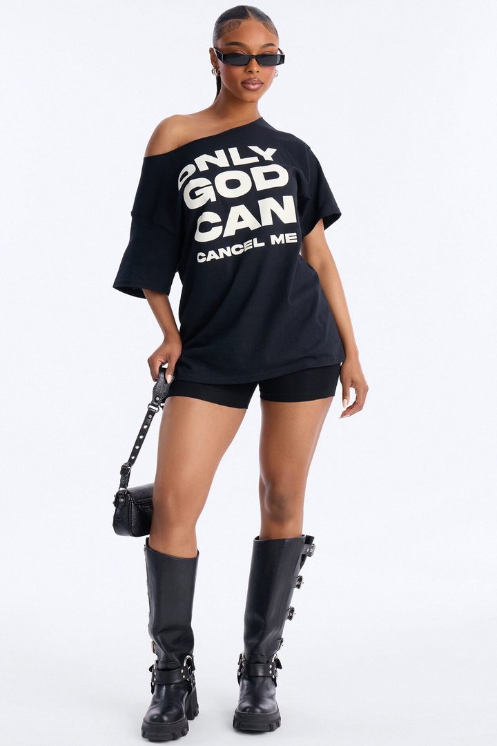 Only God Can Cancel Me Off Shoulder Tee - Black