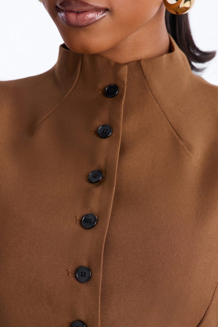Lana Mock Neck Twill Top - Mocha
