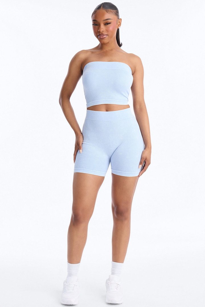 Off Duty Mineral Washed Strapless Short Set - Light Blue