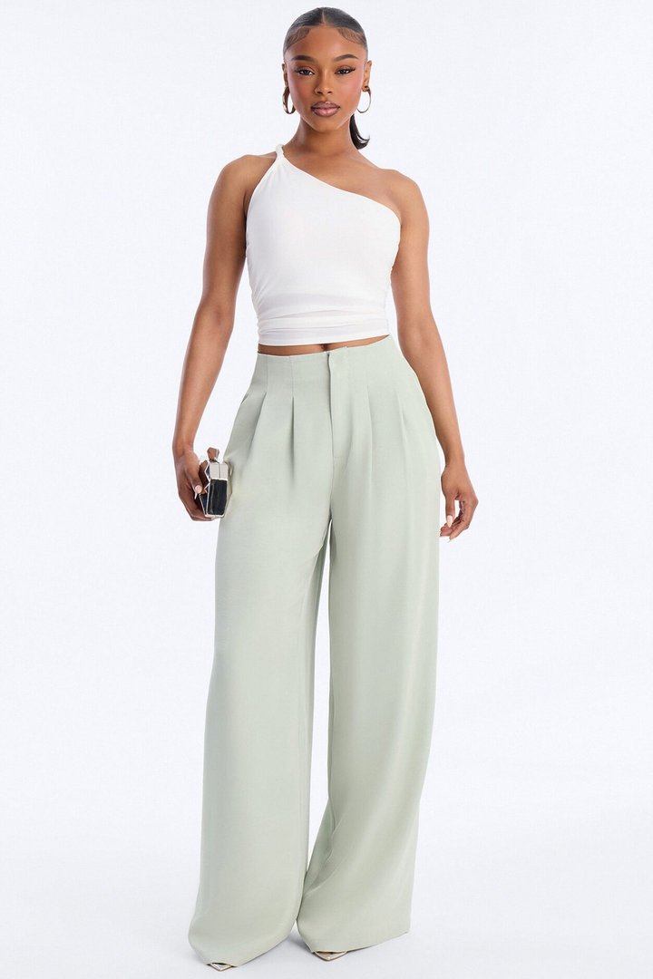 Valeria Pleated High Rise Wide Leg Pant 33″ - Sage